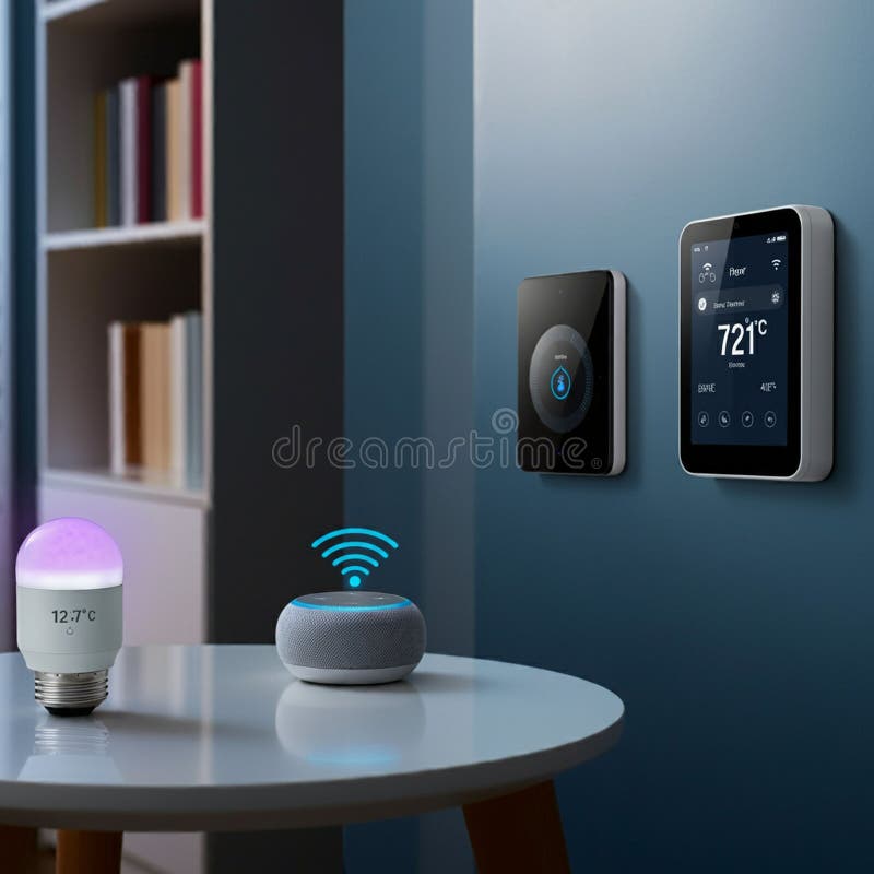 A smart home setup features a wall-mounted touchscreen control panel displaying stock illustration