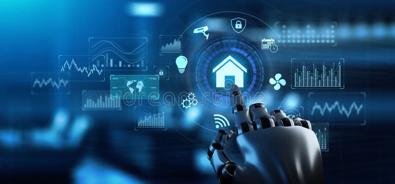 Smart-home system-automatiseringsteknik i sakernas Internet-koncept. robotarm 3d-rendering. royaltyfri illustrationer