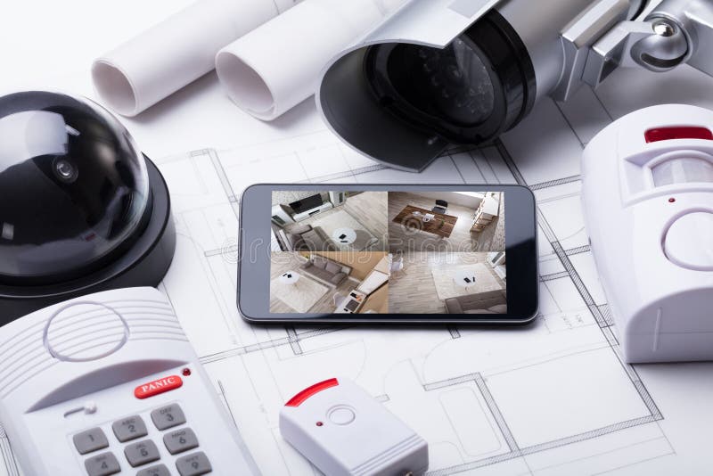 Smart Home System On Mobilephone With Security Equipment stock photo