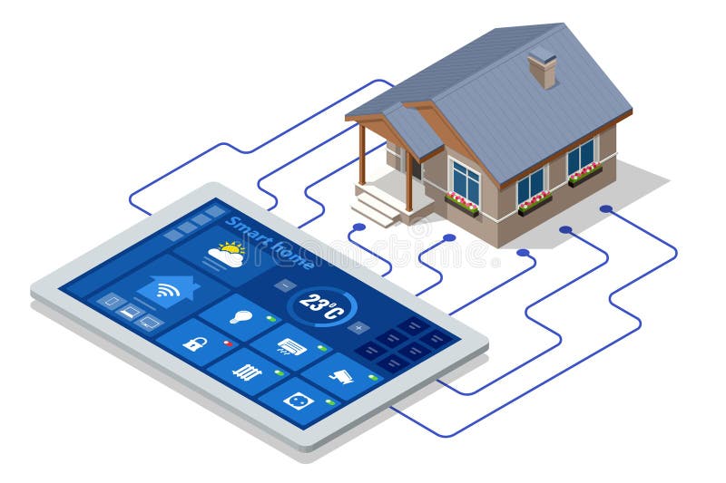 Smart Home Tablet Interface Isometric illustration of a smart home connected to tablet interface for temperature stock illustration