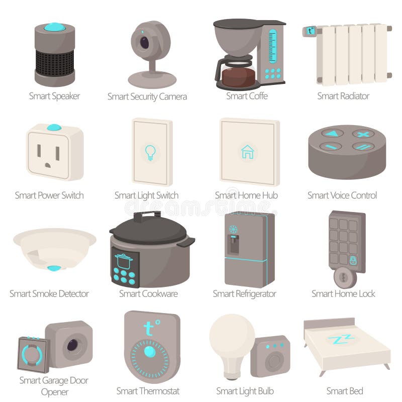 Smart house devices icons set. Cartoon illustration of 16 smart house devices vector icons for web. Cartoon security camera vectors