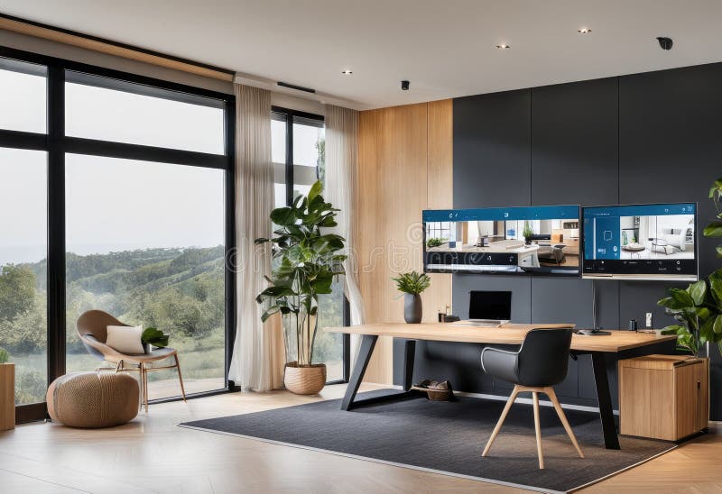 A Smart House with a Home Office and a Video Conferencing System. Stock