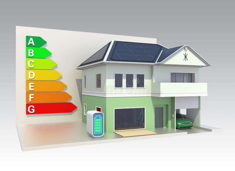 Smart house with solar panel system,energy efficie stock illustration