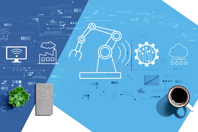 Smart industry concept with a cup of coffee and a notebook. Digital system concept stock images, royalty-free photos and pictures