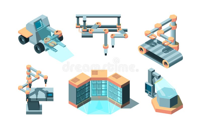 Smart industry isometric. Machine future robotic technologies computing 3d remote production vector pictures set stock illustration