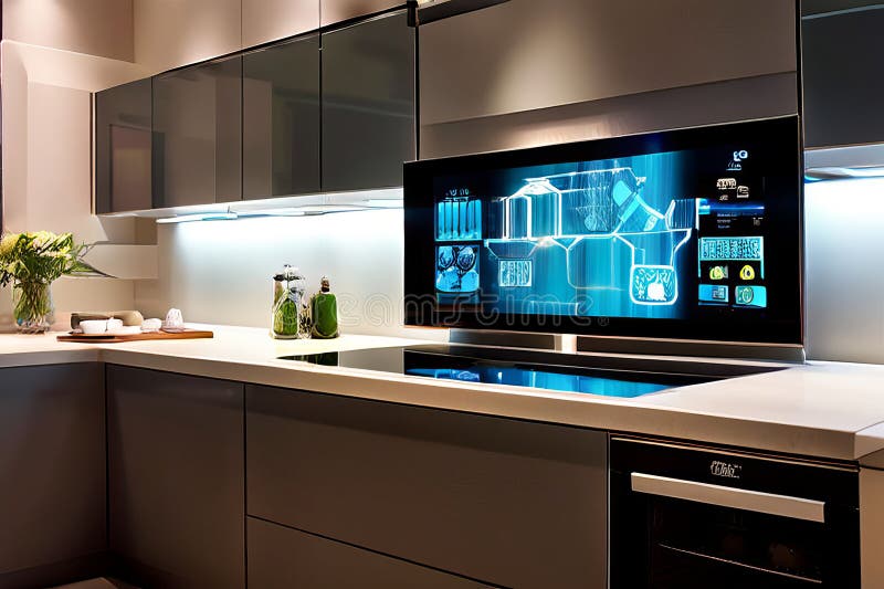Smart kitchen backsplash with integrated digital display vector illustration