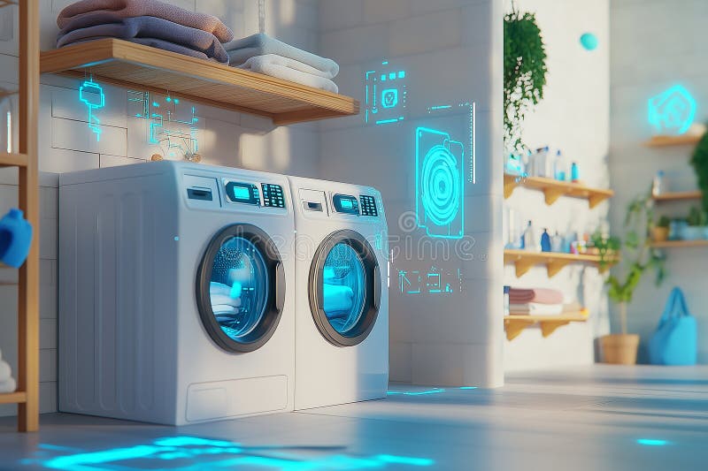 Smart Laundry Room featuring washing machine and dryer, illuminated by futuristic screens displaying operational data vector illustration