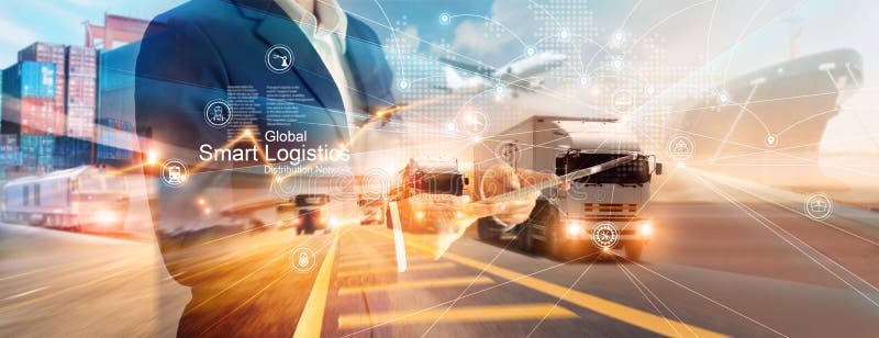 Smart logistics and transportation. Businessman use tablet and analyzing on logistic global network distribution on world map