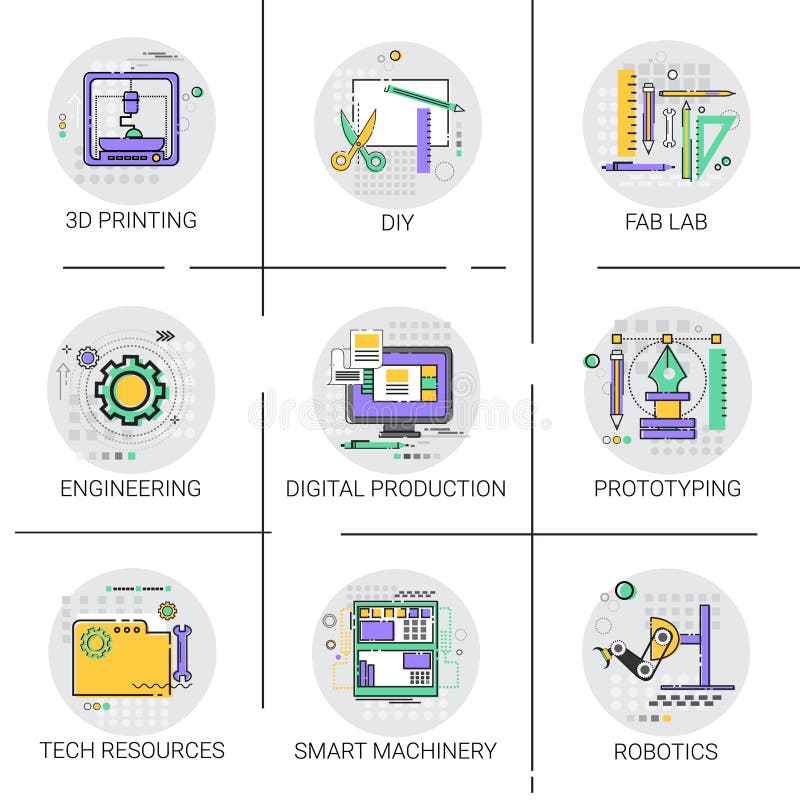 Smart Machinery Industrial Automation Production Icon Set, 3d Printing Tech Resources Fab Lab Collection royalty free illustration