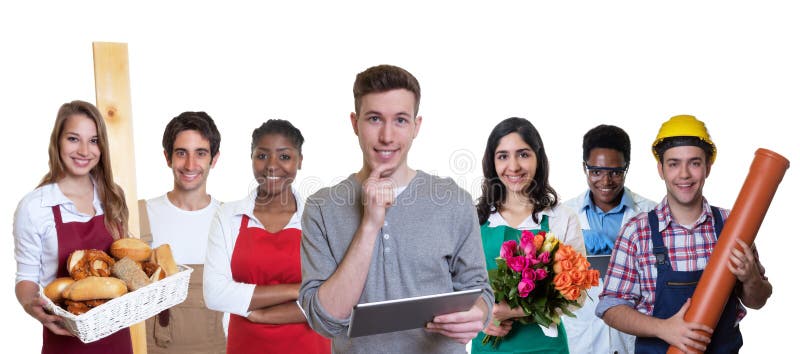 Smart male business trainee with group of apprentices stock photos Smart male business trainee with group of apprentices stock photos
