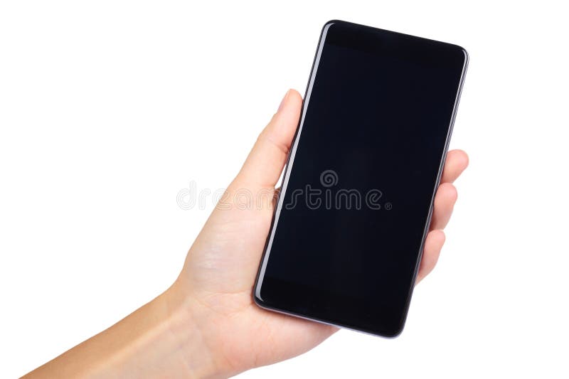 Smart phone with blank screen in hand isolated on white background, big mobile, black cellphone, 5.5 inch communicator