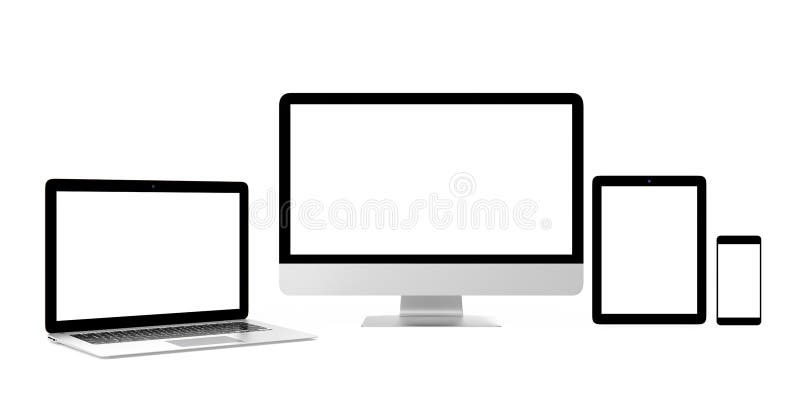 Smart phone, laptop, desktop computer with blank screen for copy space stock photos