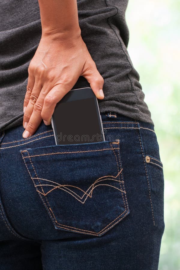 Lady With Cell Phone In Back Pocket Stock Photo Image of place