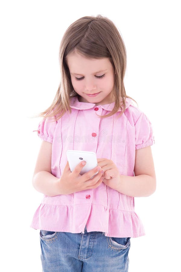 Smart Phone sveglio della tenuta della bambina isolato su bianco fotografia stock libera da diritti Smart Phone sveglio della tenuta della bambina isolato su bianco fotografia stock libera da diritti
