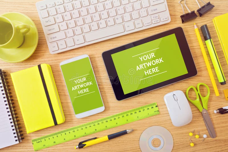 Smart phone and tablet mock up template on office desk. Can be used for app presentation and promotion