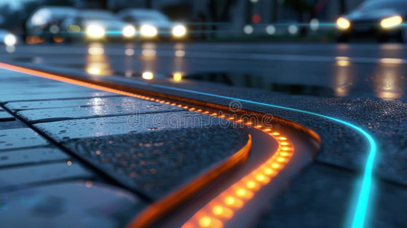 A futuristic roadway featuring glowing lines, embedded sensors, and wireless ev charging pads, illuminated amidst night traffic. wet pavement enhances the glow, symbolizing innovation in sustainable urban transportation. Development ev stock images, royalty-free photos and pictures