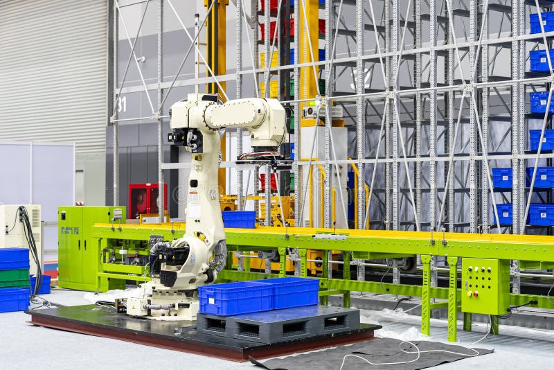 Smart robot with automatic arm grip system for carry arrange product box to conveyor line and storage on shelf at warehouse.