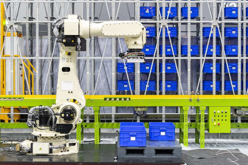 Smart robot with automatic arm grip system for carry arrange product box to conveyor line and storage on shelf at warehouse.