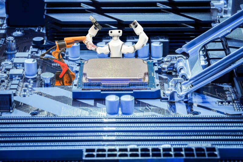 Smart robot and industrial robotic welding working with CPU processor on PC motherboard concept stock image Smart robot and industrial robotic welding working with CPU processor on PC motherboard concept stock image