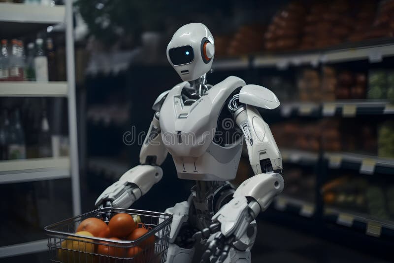 A smart robotic device performing shopping tasks in a supermarket royalty free stock images