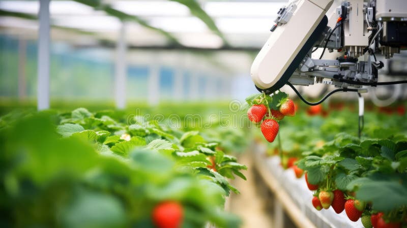 Smart robotic farmers strawberry in agriculture futuristic robot automation to work or increase efficiency stock illustration