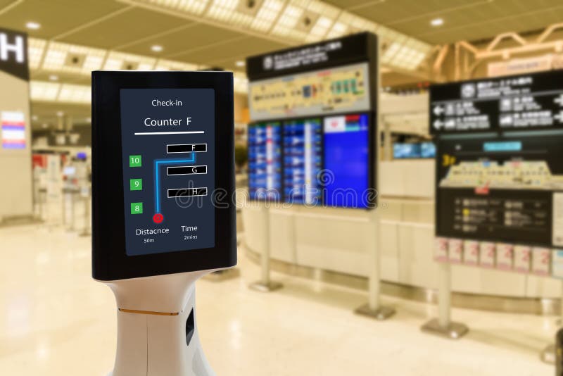 Smart robotic technology concept, The passenger follow a service robot to a counter check in in airport, the robot can help and gi