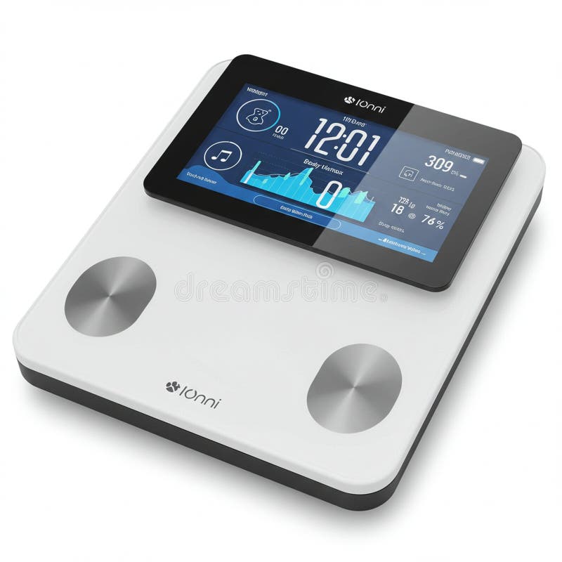 Smart scale featuring a sleek rectangular design with a large digital touchscreen stock illustration