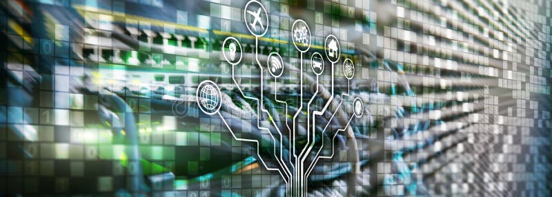 Smart server concept. IOT Internet of Things. ICT Information Communication Technology. Diagrams with icons on server room digita royalty free stock image