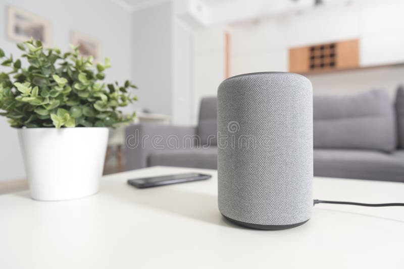 Smart speaker device in living room. Smart home