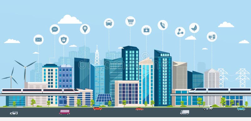 Smart stad med affärstecken Modern stad för online-begrepp royaltyfri illustrationer