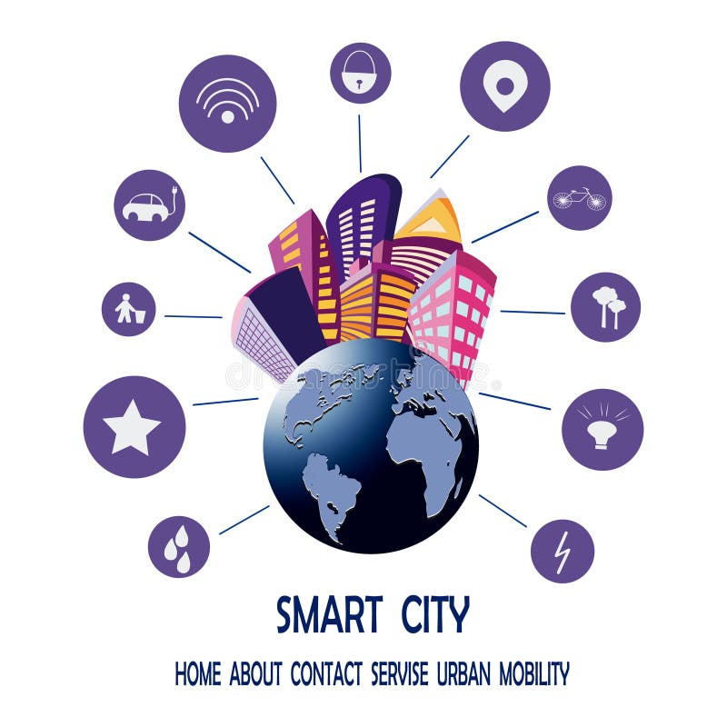 Smart stad med smart service och symboler, internet av saker, n?tverk och ?kat verklighetbegrepp vektor illustrationer Smart stad med smart service och symboler, internet av saker, n?tverk och ?kat verklighetbegrepp vektor illustrationer