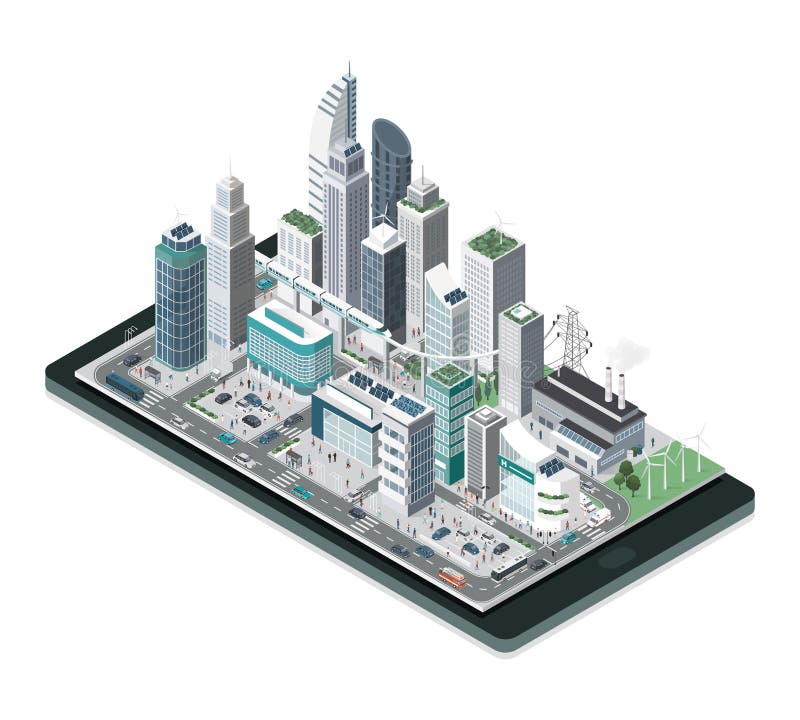 Smart stad på en smartphone vektor illustrationer