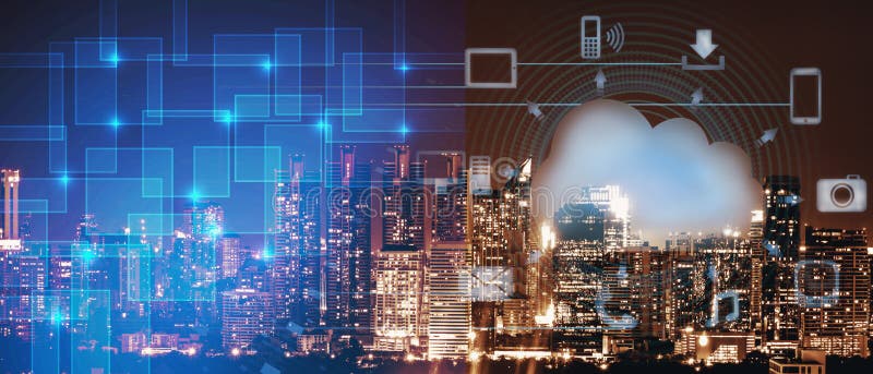 Smart stadsintelligensnätverkande på molnteknologi, nattcityscape med det digital och molnteknologitecknet och royaltyfri illustrationer