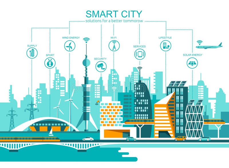 Smart stadslägenhet cityscapebakgrund med den olika symbolen och beståndsdelar modern arkitektur stock illustrationer