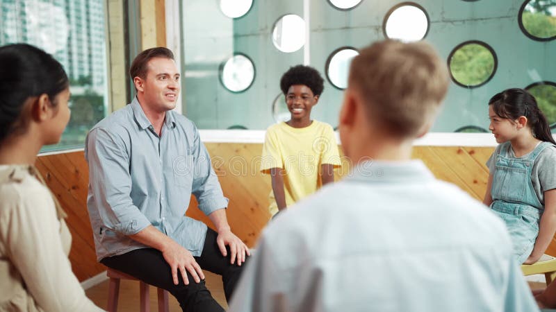 Teacher talk about mental health problem and sharing idea with boy. Edification stock video