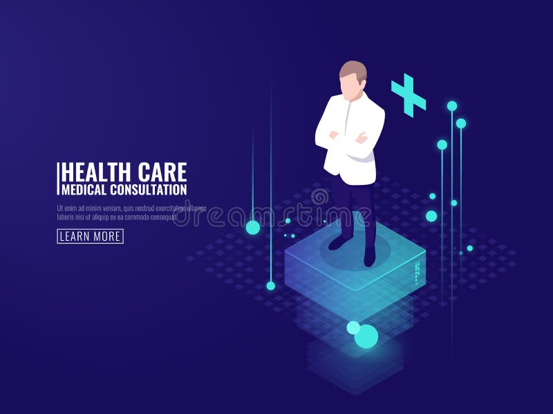 Smart technology in healthcare, doctor stay on platform, online medical consultation isometric vector dark stock illustration