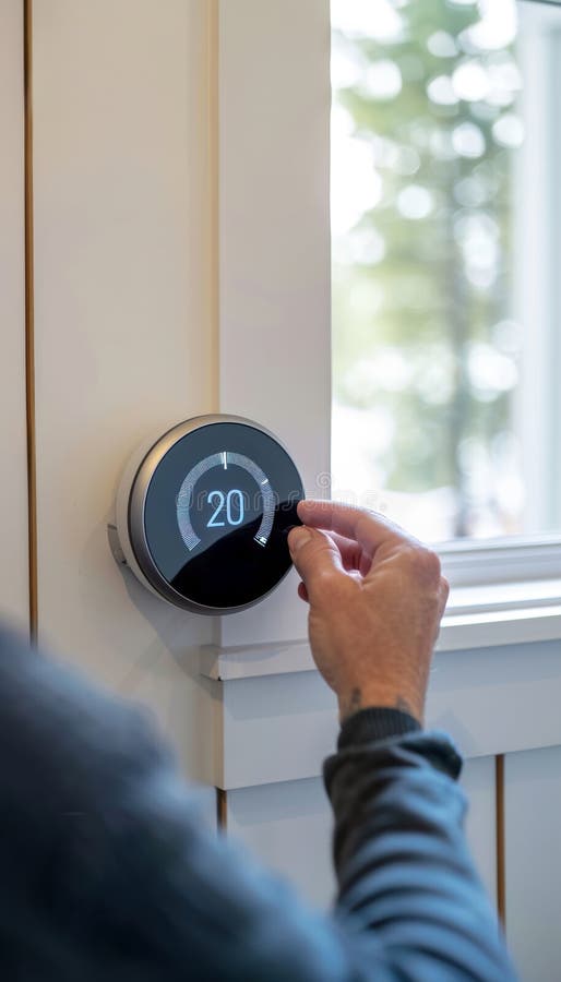 Hand adjusting a modern smart thermostat on a wall.