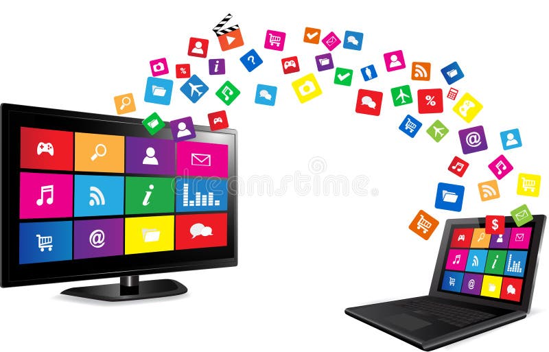 Smart TV and laptop with apps Colorful application icons on white background. Smart TV and laptop with apps Colorful application icons on white background