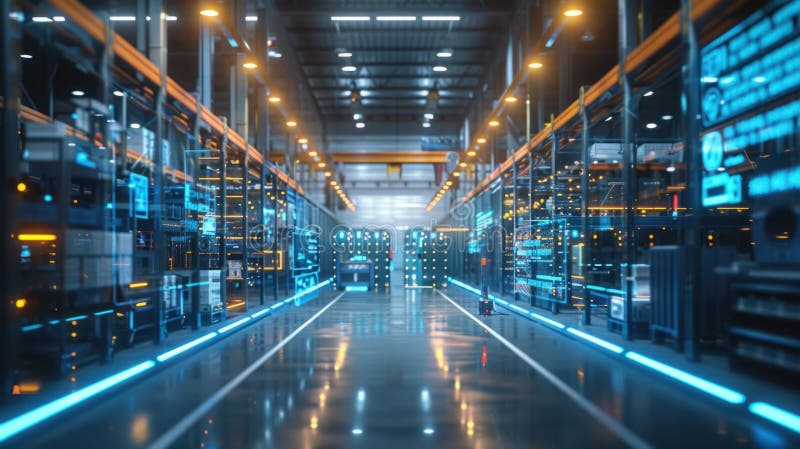Smart warehouse logistic, Innovative warehouse designed with dazzling holographic interfaces showing stock levels, autonomous stock illustration