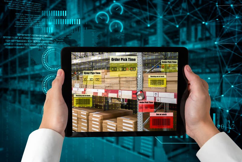 Smart warehouse management system using augmented reality technology to identify package picking and delivery . Future concept of supply chain and logistic business .