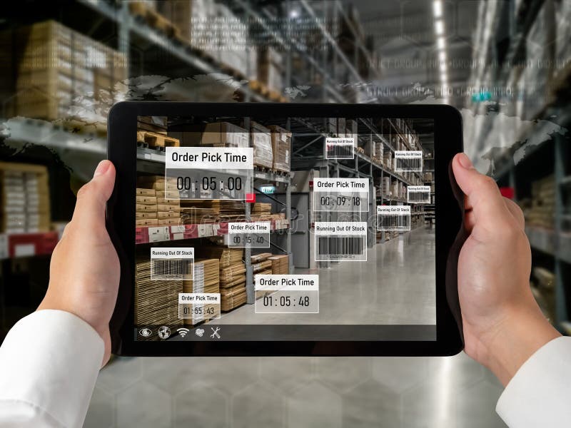 Smart warehouse management system using augmented reality technology to identify package picking and delivery . Future concept of supply chain and logistic business .