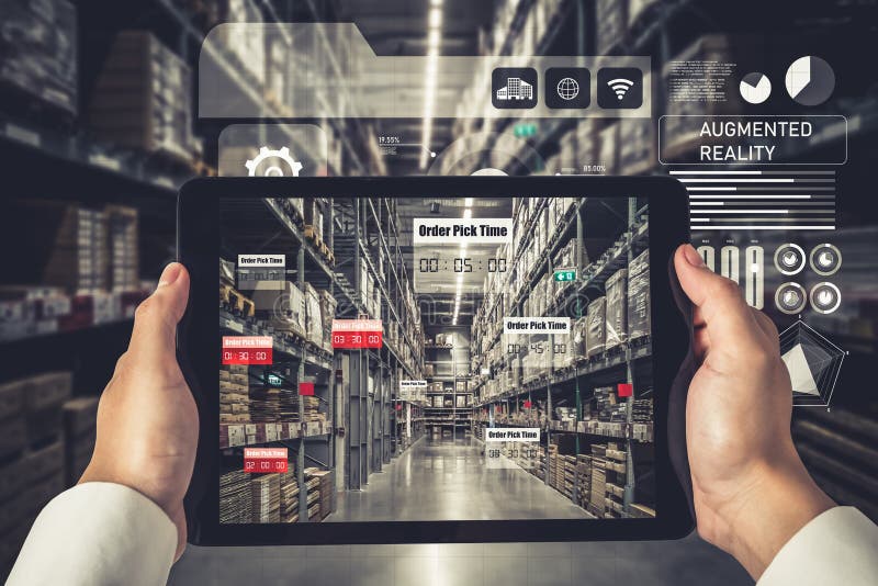 Smart warehouse management system using augmented reality technology to identify package picking and delivery . Future concept of supply chain and logistic business .