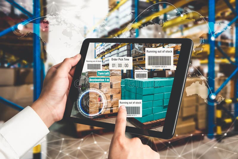 Smart warehouse management system using augmented reality technology to identify package picking and delivery . Future concept of supply chain and logistic business .