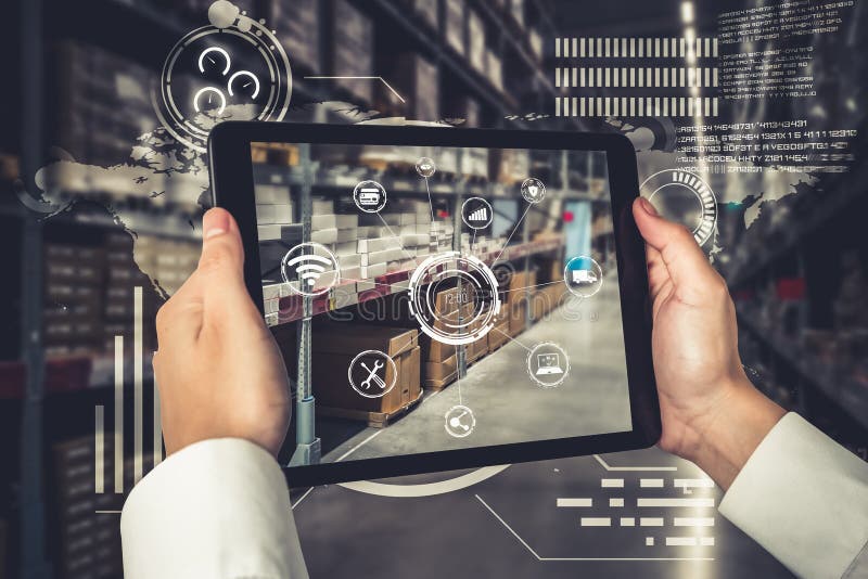 Smart warehouse management system using augmented reality technology to identify package picking and delivery . Future concept of supply chain and logistic business .