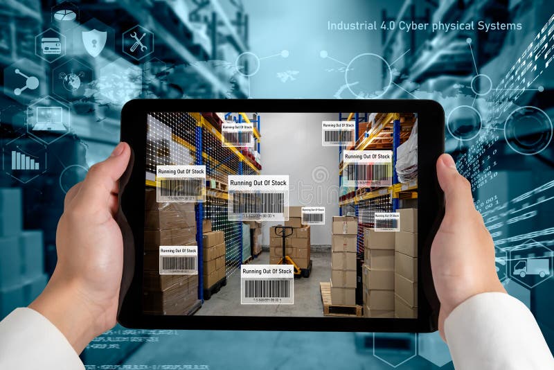 Smart warehouse management system using augmented reality technology to identify package picking and delivery . Future concept of supply chain and logistic business .