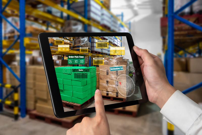 Smart warehouse management system using augmented reality technology to identify package picking and delivery . Future concept of supply chain and logistic business .