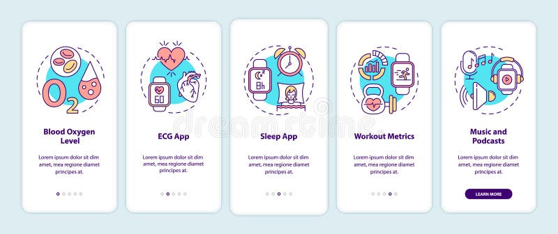 Smart watch functions onboarding mobile app page screen with concepts royalty free illustration
