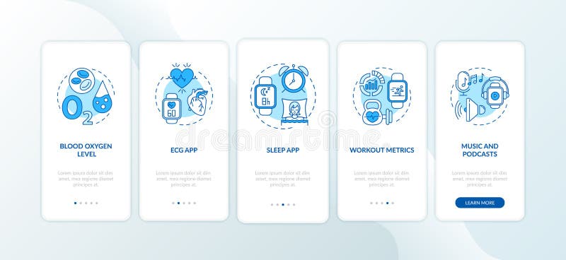 Smart watch functions onboarding mobile app page screen with concepts stock illustration