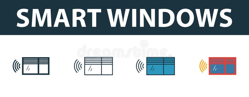 Smart Windows icon set. Four simple symbols in diferent styles from smart home icons collection. Creative smart windows icons royalty free illustration