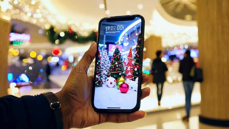 Smartfon w męskiej dłoni. prezenty świąteczne na ekranie smartphone. ilustracja wektor